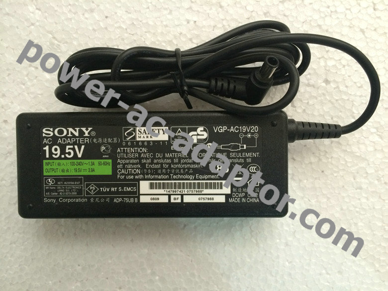 Original Sony Vaio VGN-BX541 75W 19.5V 3.9A AC Adapter Cord